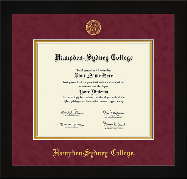 Image of Hampden-Sydney College Diploma Frame - Flat Matte Black - w/Embossed HSC Seal & Name - Maroon Suede on Gold mat
