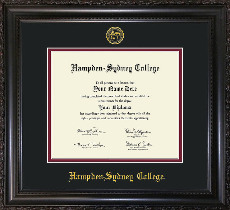 Image of Hampden-Sydney College Diploma Frame - Vintage Black Scoop - w/Embossed HSC Seal & Name - Black on Maroon mat