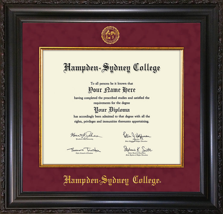 Image of Hampden-Sydney College Diploma Frame - Vintage Black Scoop - w/Embossed HSC Seal & Name - Fillet - Maroon Suede mat