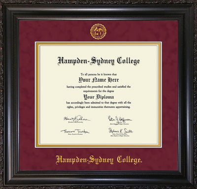 Image of Hampden-Sydney College Diploma Frame - Vintage Black Scoop - w/Embossed HSC Seal & Name - Maroon Suede on Gold mat