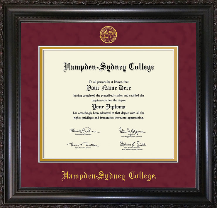 Image of Hampden-Sydney College Diploma Frame - Vintage Black Scoop - w/Embossed HSC Seal & Name - Maroon Suede on Gold mat