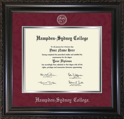 Image of Hampden-Sydney College Diploma Frame - Vintage Black Scoop - w/Silver Embossed HSC Seal & Name - Maroon Suede on Silver mat