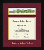 Image of Hampden-Sydney College Diploma Frame - Flat Matte Black - w/Embossed HSC Name - Campus Collage - Maroon Suede on Gold mat