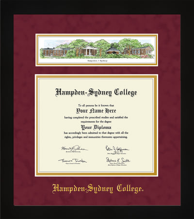 Image of Hampden-Sydney College Diploma Frame - Flat Matte Black - w/Embossed HSC Name - Campus Collage - Maroon Suede on Gold mat