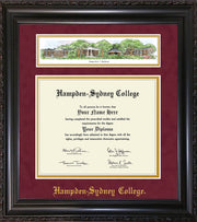 Image of Hampden-Sydney College Diploma Frame - Vintage Black Scoop - w/Embossed HSC Name - Campus Collage - Maroon Suede on Gold mat
