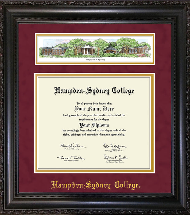 Image of Hampden-Sydney College Diploma Frame - Vintage Black Scoop - w/Embossed HSC Name - Campus Collage - Maroon Suede on Gold mat