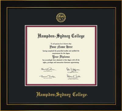 Image of Hampden-Sydney College Diploma Frame - Honors Black Satin - w/Embossed HSC Seal & Name - Black on Maroon mat