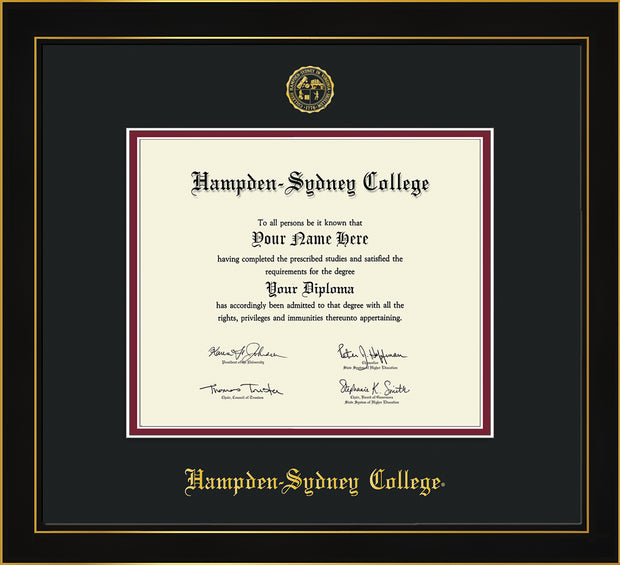 Image of Hampden-Sydney College Diploma Frame - Honors Black Satin - w/Embossed HSC Seal & Name - Black on Maroon mat