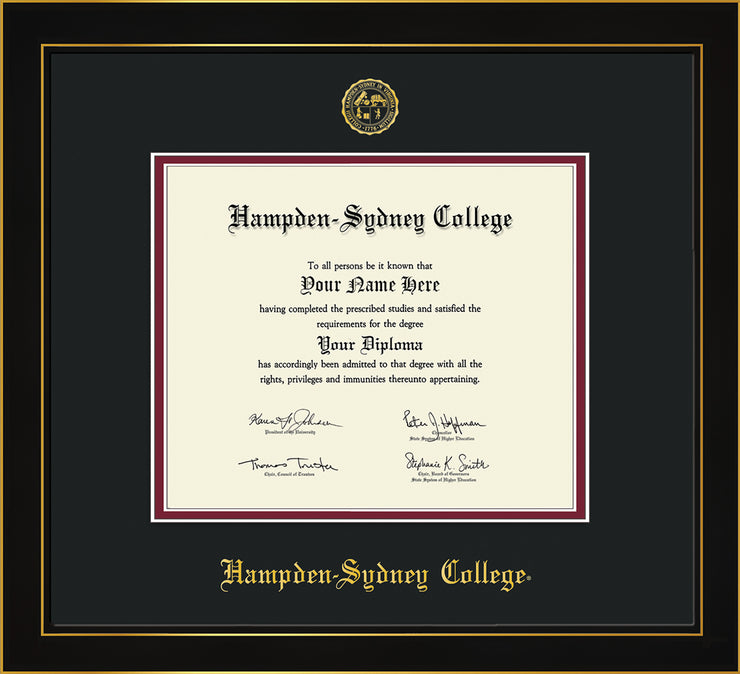 Image of Hampden-Sydney College Diploma Frame - Honors Black Satin - w/Embossed HSC Seal & Name - Black on Maroon mat