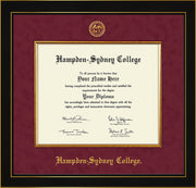 Image of Hampden-Sydney College Diploma Frame - Honors Black Satin - w/Embossed HSC Seal & Name - Fillet - Maroon Suede mat