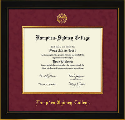 Image of Hampden-Sydney College Diploma Frame - Honors Black Satin - w/Embossed HSC Seal & Name - Fillet - Maroon Suede mat