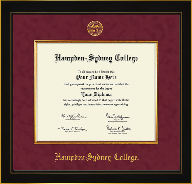 Image of Hampden-Sydney College Diploma Frame - Honors Black Satin - w/Embossed HSC Seal & Name - Fillet - Maroon Suede mat