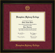 Image of Hampden-Sydney College Diploma Frame - Honors Black Satin - w/Embossed HSC Seal & Name - Maroon Suede on Gold mat
