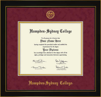 Image of Hampden-Sydney College Diploma Frame - Honors Black Satin - w/Embossed HSC Seal & Name - Maroon Suede on Gold mat