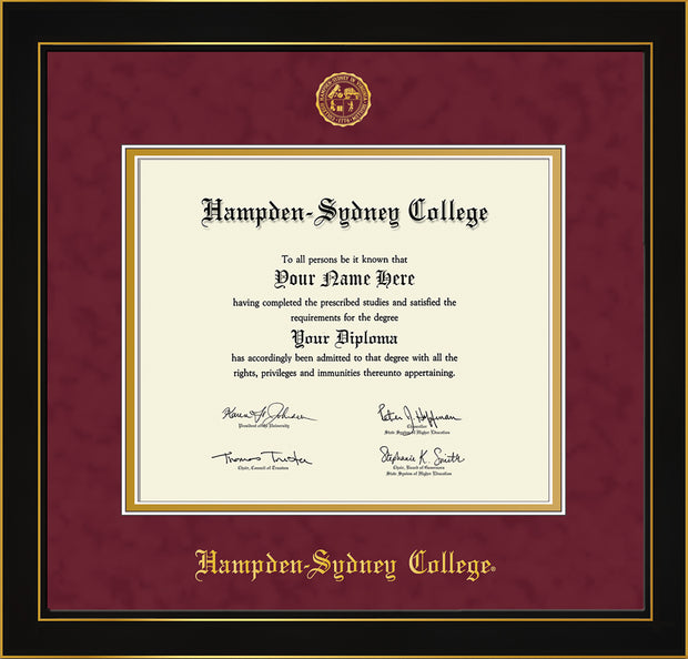 Image of Hampden-Sydney College Diploma Frame - Honors Black Satin - w/Embossed HSC Seal & Name - Maroon Suede on Gold mat