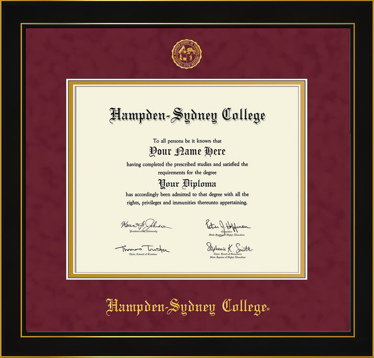 Image of Hampden-Sydney College Diploma Frame - Honors Black Satin - w/Embossed HSC Seal & Name - Maroon Suede on Gold mat