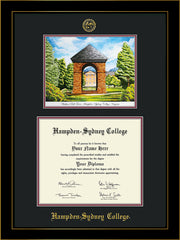 Image of Hampden-Sydney College Diploma Frame - Honors Black Satin - w/Embossed HSC Seal & Name - Watercolor - Black on Maroon mat