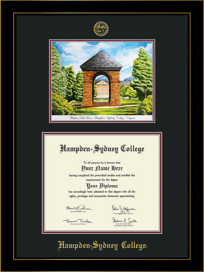 Image of Hampden-Sydney College Diploma Frame - Honors Black Satin - w/Embossed HSC Seal & Name - Watercolor - Black on Maroon mat