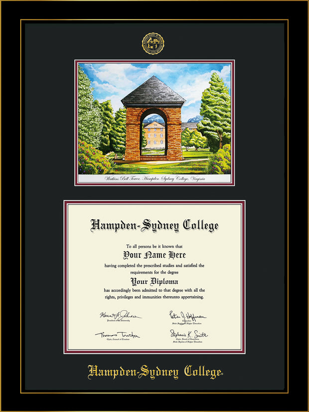 Image of Hampden-Sydney College Diploma Frame - Honors Black Satin - w/Embossed HSC Seal & Name - Watercolor - Black on Maroon mat