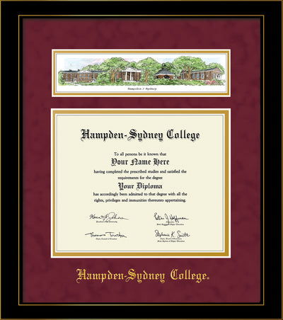 Image of Hampden-Sydney College Diploma Frame - Honors Black Satin - w/Embossed HSC Name - Campus Collage - Maroon Suede on Gold mat