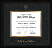 Image of Holy Cross College Diploma Frame - Honors Black Satin - w/Embossed HCC Seal & Name - Black Suede on Gold mat
