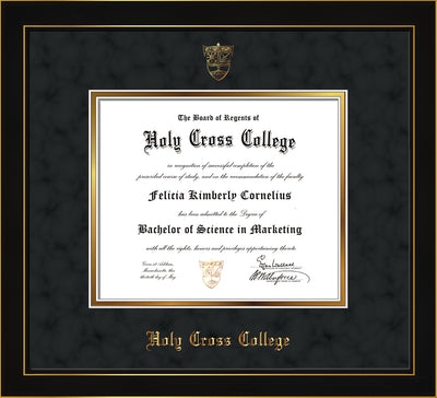 Image of Holy Cross College Diploma Frame - Honors Black Satin - w/Embossed HCC Seal & Name - Black Suede on Gold mat