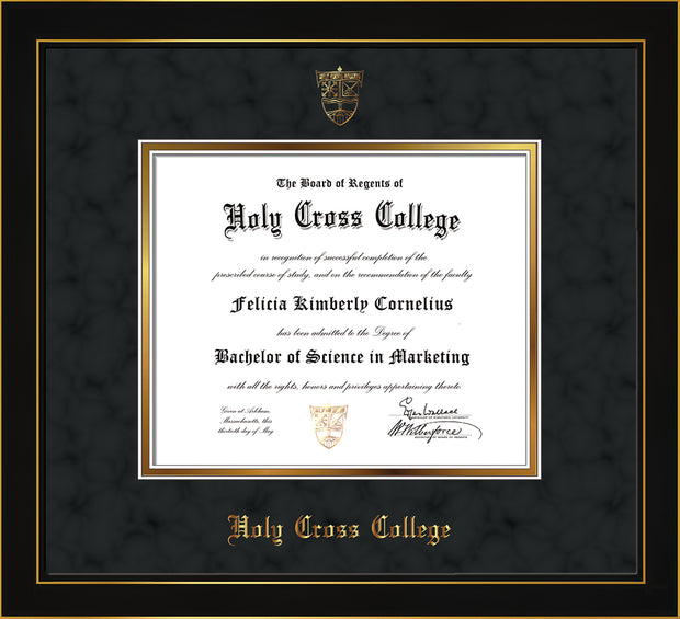 Image of Holy Cross College Diploma Frame - Honors Black Satin - w/Embossed HCC Seal & Name - Black Suede on Gold mat