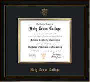 Image of Holy Cross College Diploma Frame - Honors Black Satin - w/Embossed HCC Seal & Name - Black on Gold mat