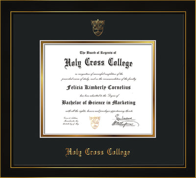 Image of Holy Cross College Diploma Frame - Honors Black Satin - w/Embossed HCC Seal & Name - Black on Gold mat