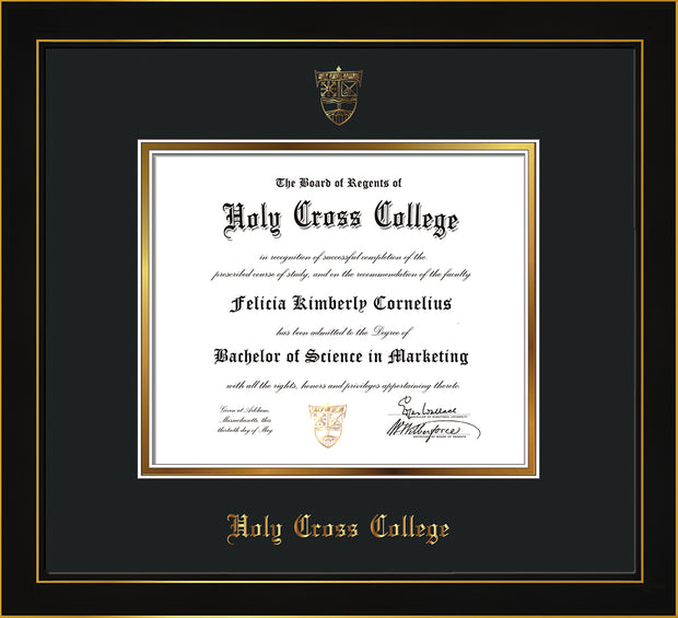 Image of Holy Cross College Diploma Frame - Honors Black Satin - w/Embossed HCC Seal & Name - Black on Gold mat