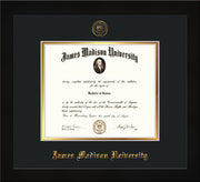 Image of James Madison University Diploma Frame - Flat Matte Black - w/Embossed Seal & Name - Black on Gold mat
