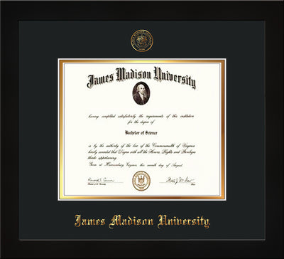 Image of James Madison University Diploma Frame - Flat Matte Black - w/Embossed Seal & Name - Black on Gold mat