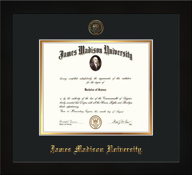 Image of James Madison University Diploma Frame - Flat Matte Black - w/Embossed Seal & Name - Black on Gold mat