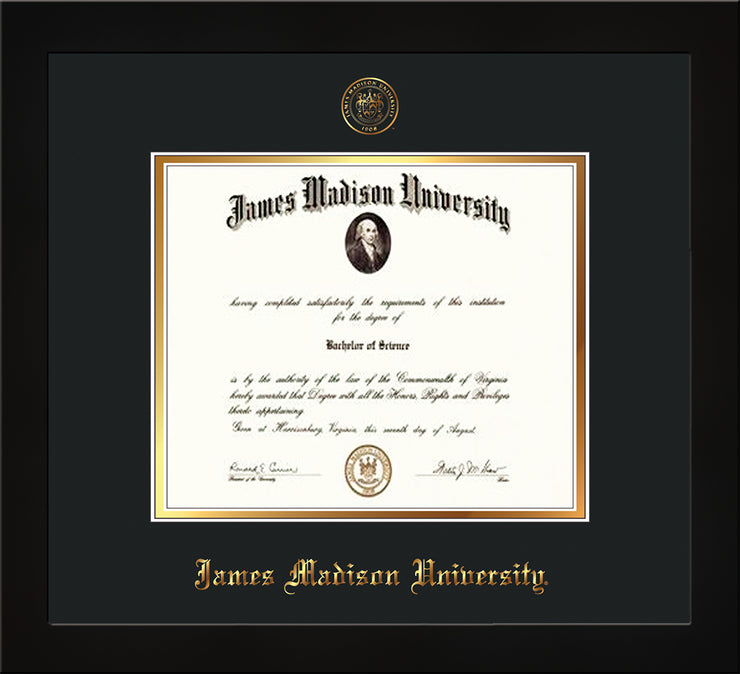 Image of James Madison University Diploma Frame - Flat Matte Black - w/Embossed Seal & Name - Black on Gold mat