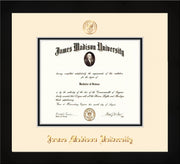 Image of James Madison University Diploma Frame - Flat Matte Black - w/Embossed Seal & Name - Cream on Black mat