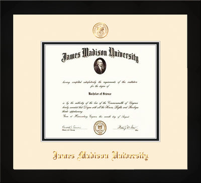 Image of James Madison University Diploma Frame - Flat Matte Black - w/Embossed Seal & Name - Cream on Black mat