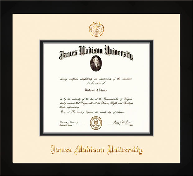 Image of James Madison University Diploma Frame - Flat Matte Black - w/Embossed Seal & Name - Cream on Black mat