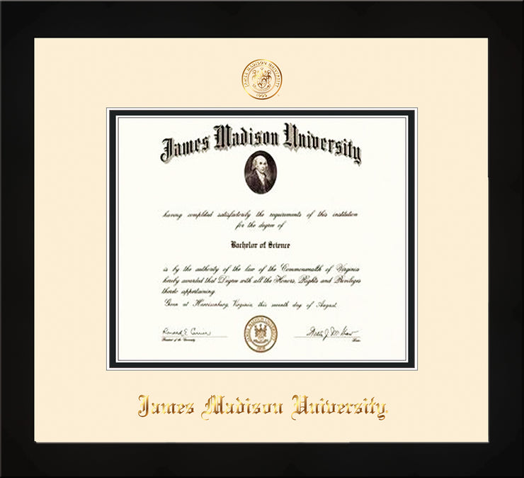 Image of James Madison University Diploma Frame - Flat Matte Black - w/Embossed Seal & Name - Cream on Black mat