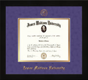 Image of James Madison University Diploma Frame - Flat Matte Black - w/Embossed Seal & Name - Purple Suede on Gold mat