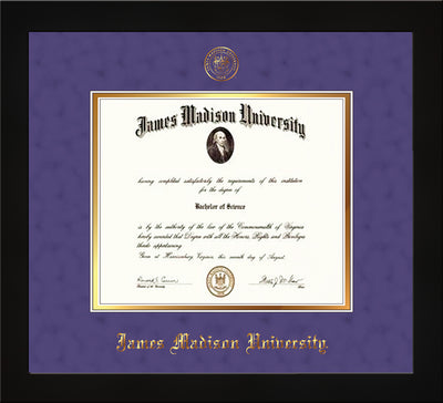 Image of James Madison University Diploma Frame - Flat Matte Black - w/Embossed Seal & Name - Purple Suede on Gold mat