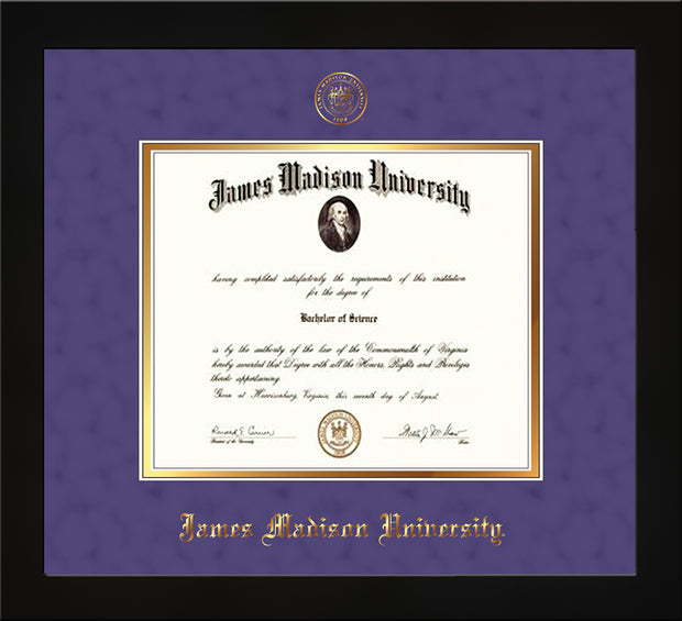 Image of James Madison University Diploma Frame - Flat Matte Black - w/Embossed Seal & Name - Purple Suede on Gold mat