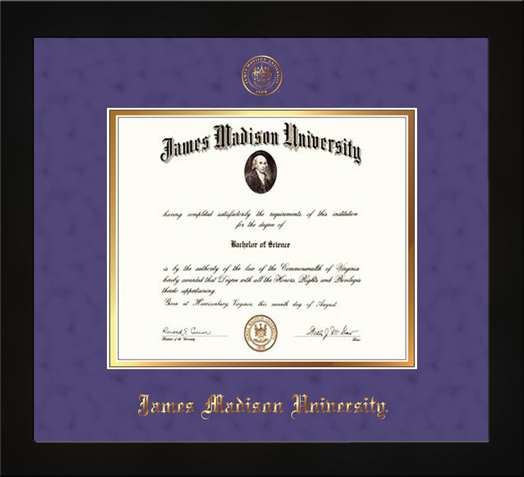 Image of James Madison University Diploma Frame - Flat Matte Black - w/Embossed Seal & Name - Purple Suede on Gold mat