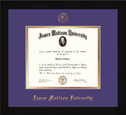 Image of James Madison University Diploma Frame - Flat Matte Black - w/Embossed Seal & Name - Purple on Gold mat