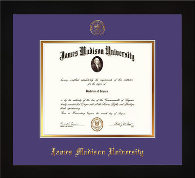 Image of James Madison University Diploma Frame - Flat Matte Black - w/Embossed Seal & Name - Purple on Gold mat