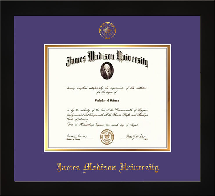Image of James Madison University Diploma Frame - Flat Matte Black - w/Embossed Seal & Name - Purple on Gold mat