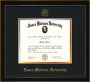 Image of James Madison University Diploma Frame - Honors Black Satin - w/Embossed Seal & Name - Black on Gold mat