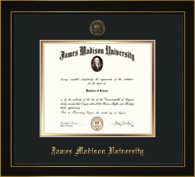 Image of James Madison University Diploma Frame - Honors Black Satin - w/Embossed Seal & Name - Black on Gold mat