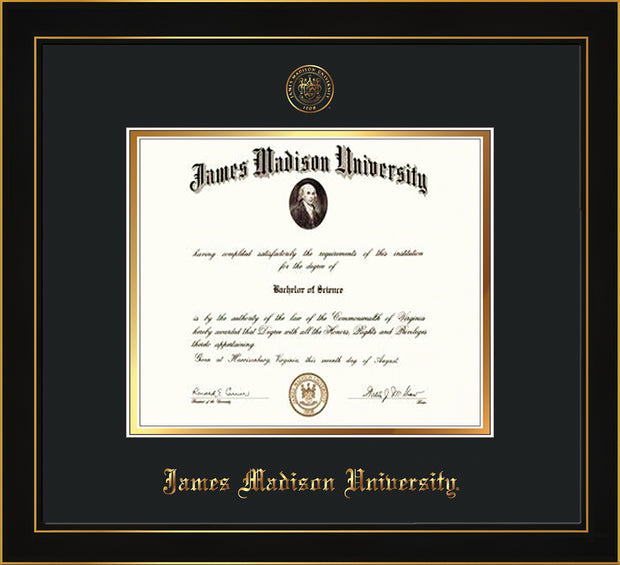 Image of James Madison University Diploma Frame - Honors Black Satin - w/Embossed Seal & Name - Black on Gold mat