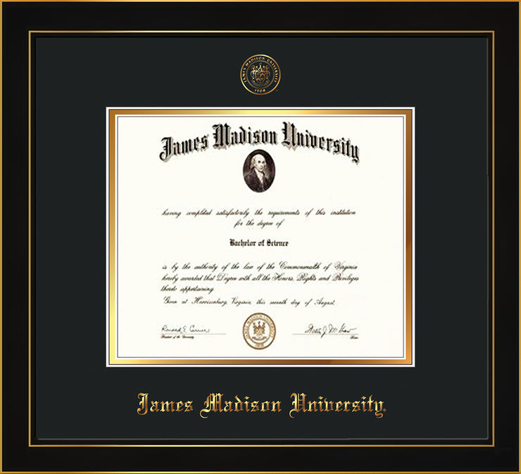 Image of James Madison University Diploma Frame - Honors Black Satin - w/Embossed Seal & Name - Black on Gold mat
