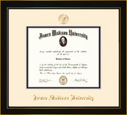 Image of James Madison University Diploma Frame - Honors Black Satin - w/Embossed Seal & Name - Cream on Black mat
